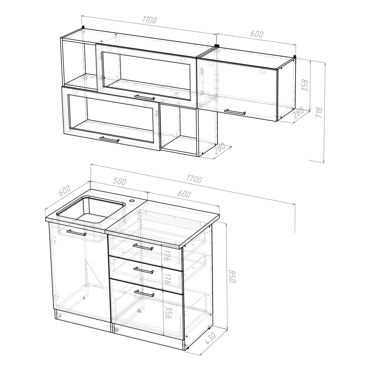 размеры навесных шкафов кухонного гарнитура